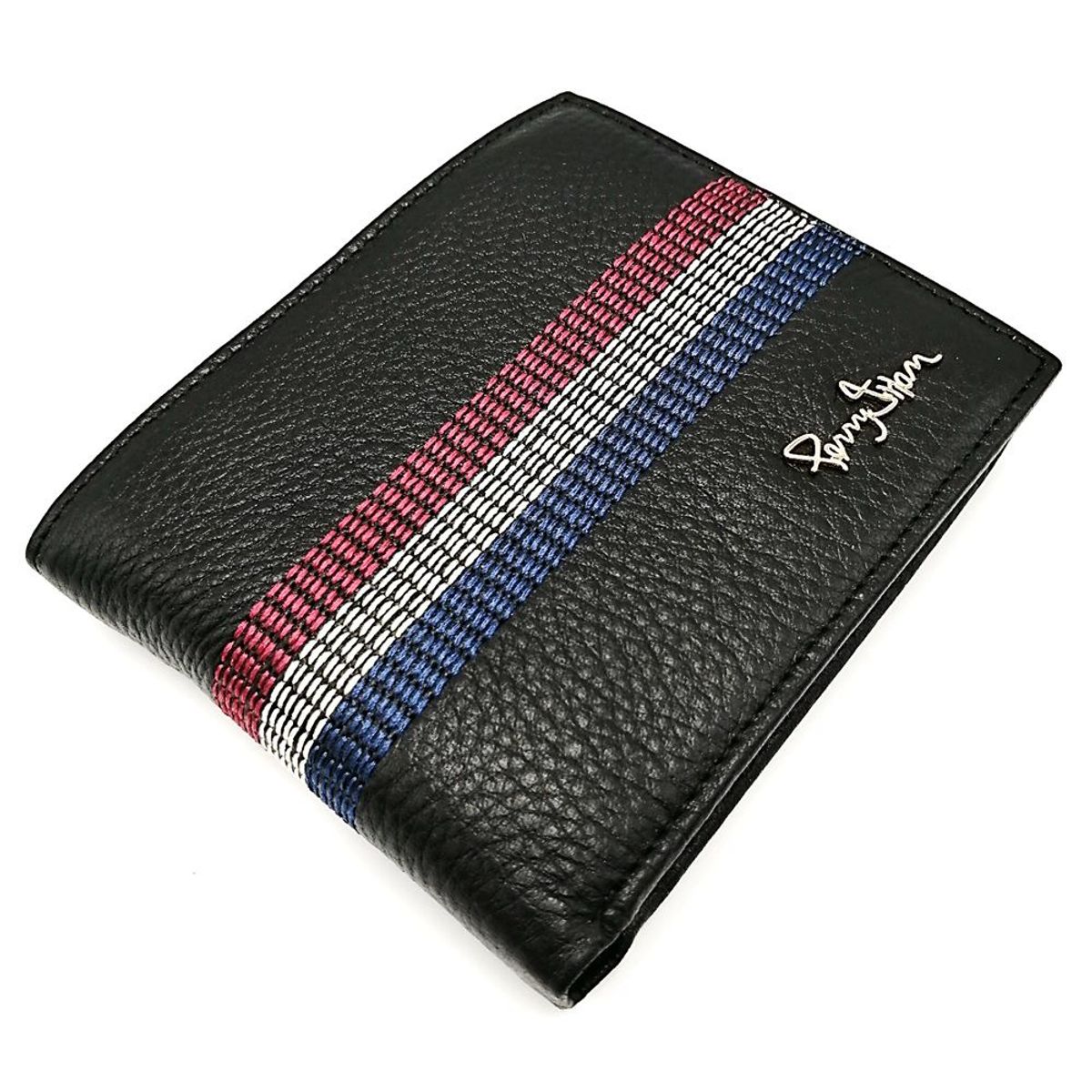 PERRY JHAN - Billetera para hombre 100% Cuero Negro Con 3 Franjas - Perry Jhan