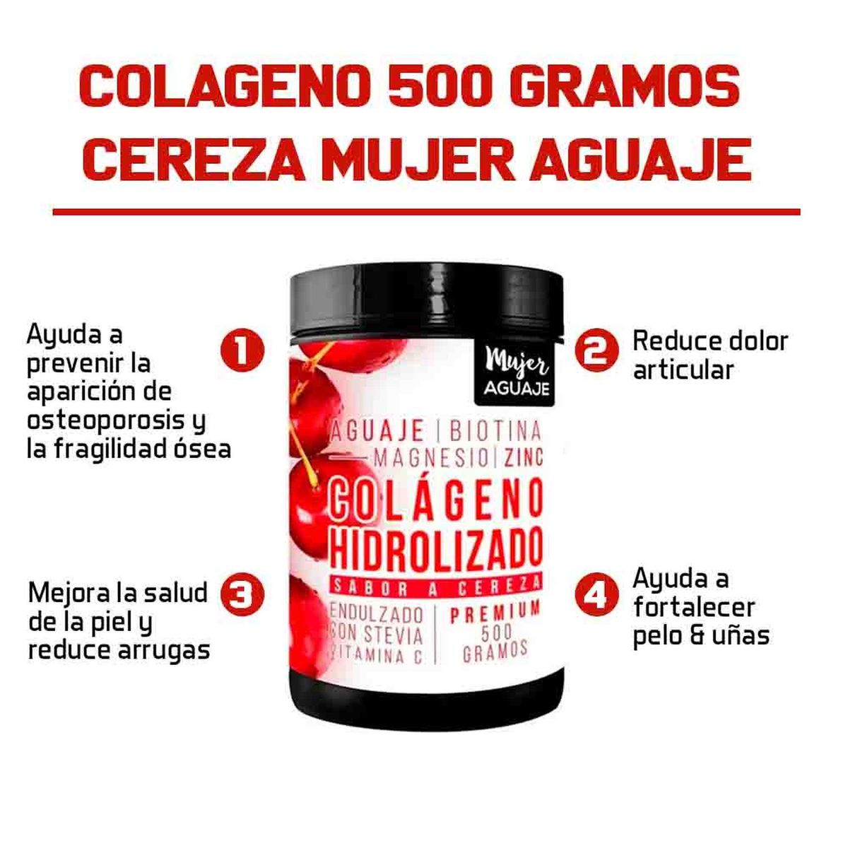 MUJER AGUAJE - Colágeno Mujer Aguaje 500 g Sabor Cereza Pack x 3