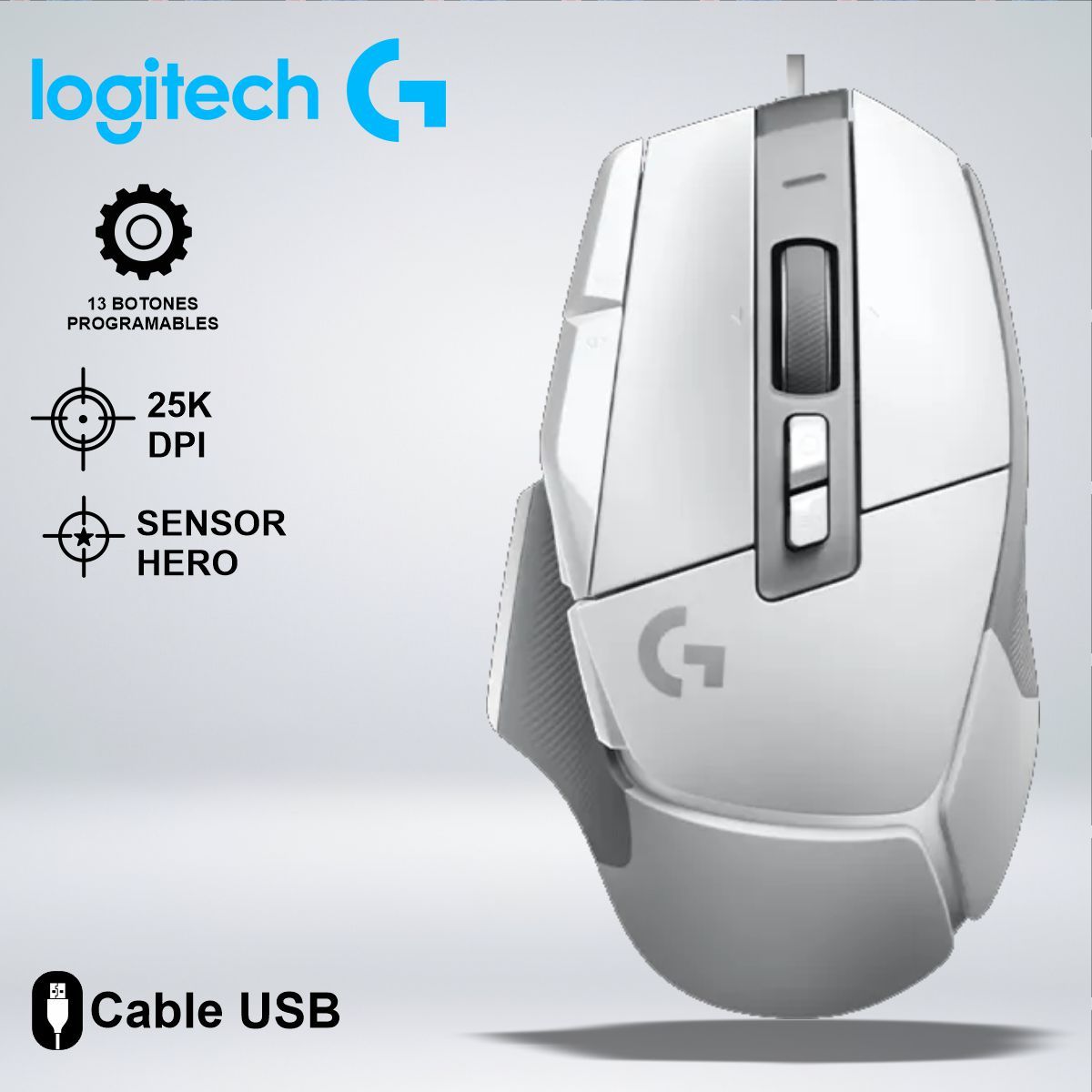 LOGITECH - MOUSE GAMER G502 X SENSOR HERO 25K 13 BOTONES PROGRAMABLES WHITE