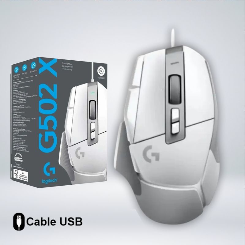 LOGITECH - MOUSE GAMER G502 X SENSOR HERO 25K 13 BOTONES PROGRAMABLES WHITE