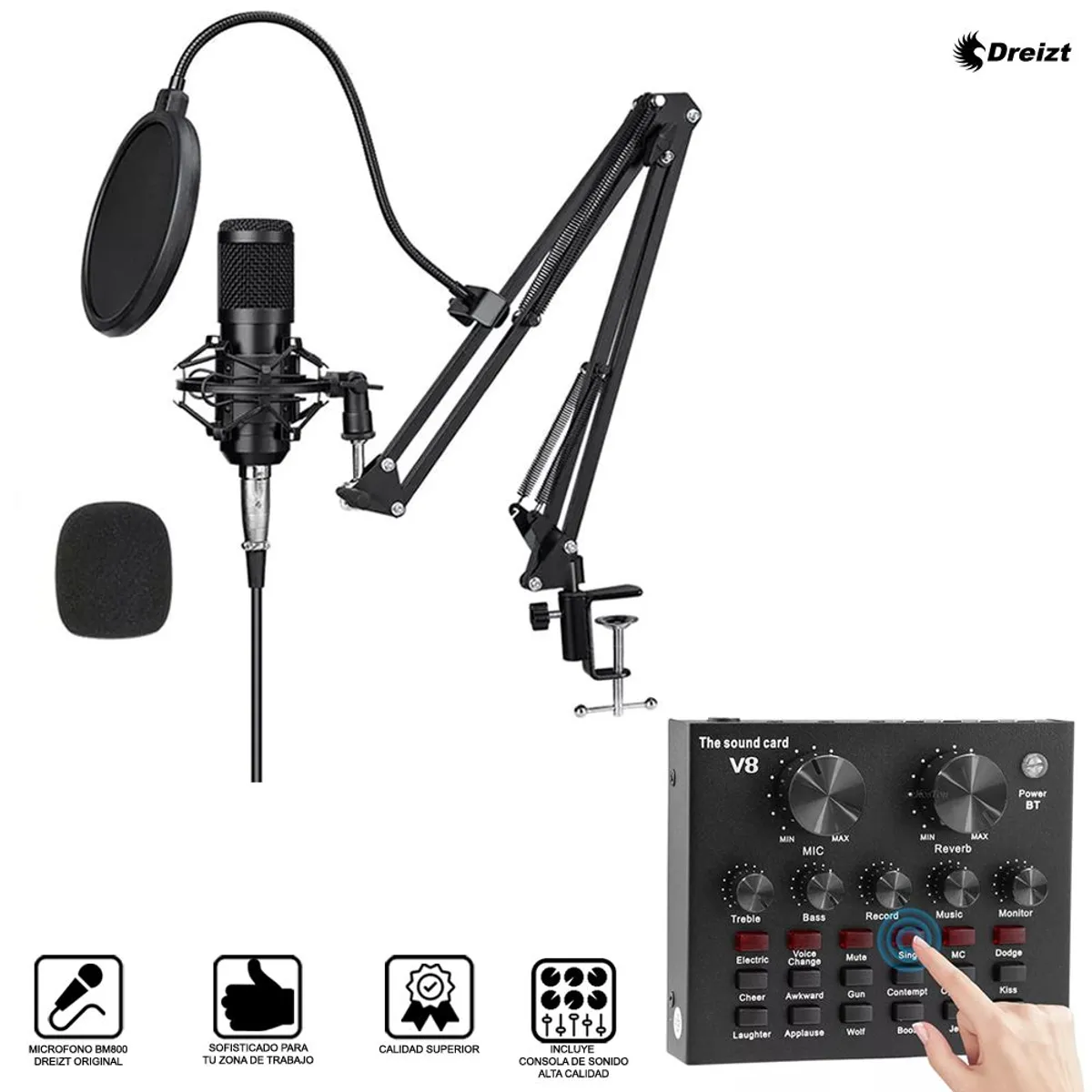 DREIZT - Micrófono Profesional con Consola de Sonido BM-800 Dreizt Black