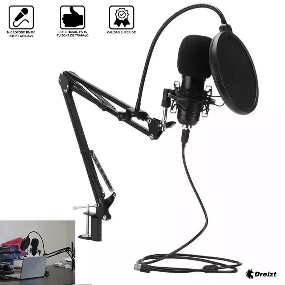 DREIZT - Micrófono Profesional con Consola de Sonido BM-800 Dreizt Black