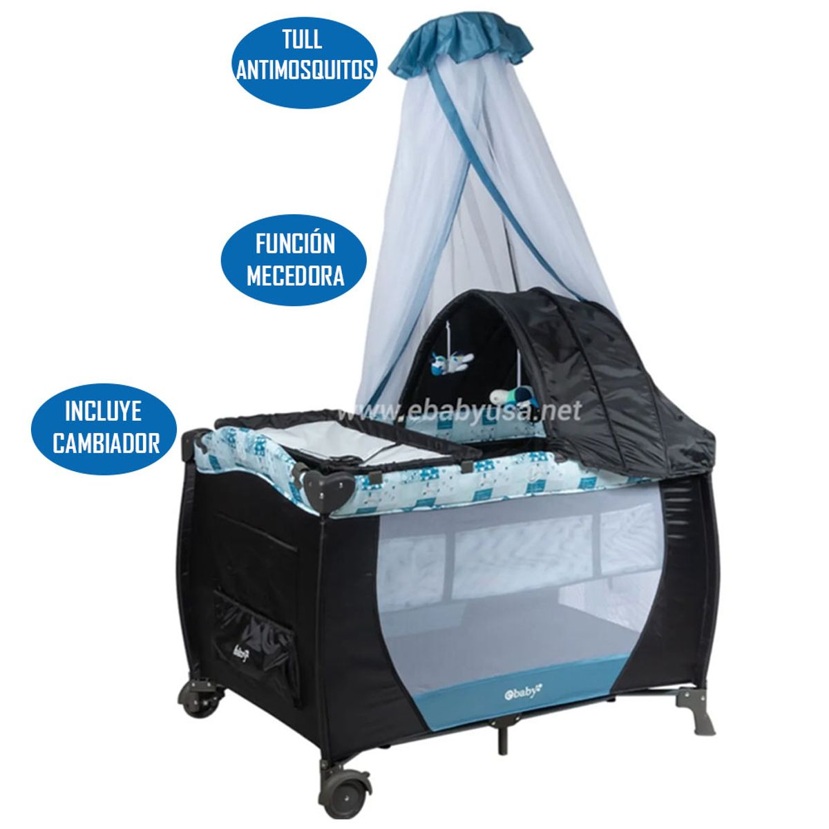 EBABY - Cuna Corral Mecedora Azul 716 + Colchón Azul