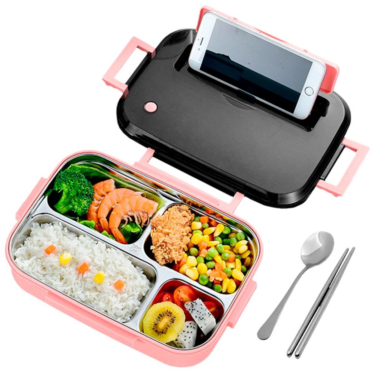 GENERICO - Lonchera Táper de Comida y Alimentos 4 Divisiones + Cubiertos Rosado