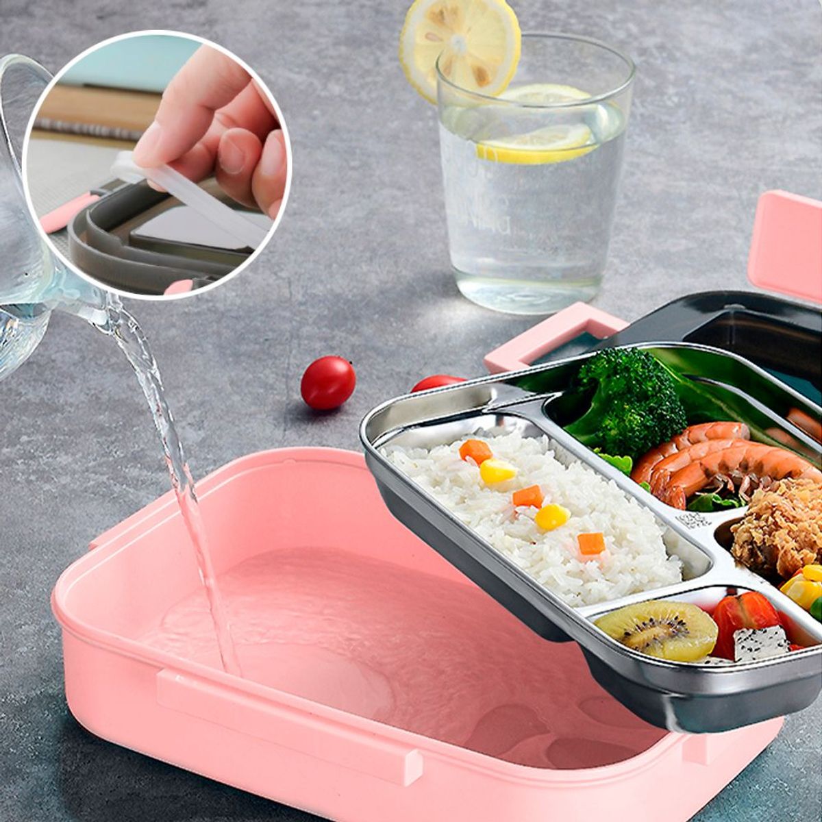 GENERICO - Lonchera Táper de Comida y Alimentos 4 Divisiones + Cubiertos Rosado