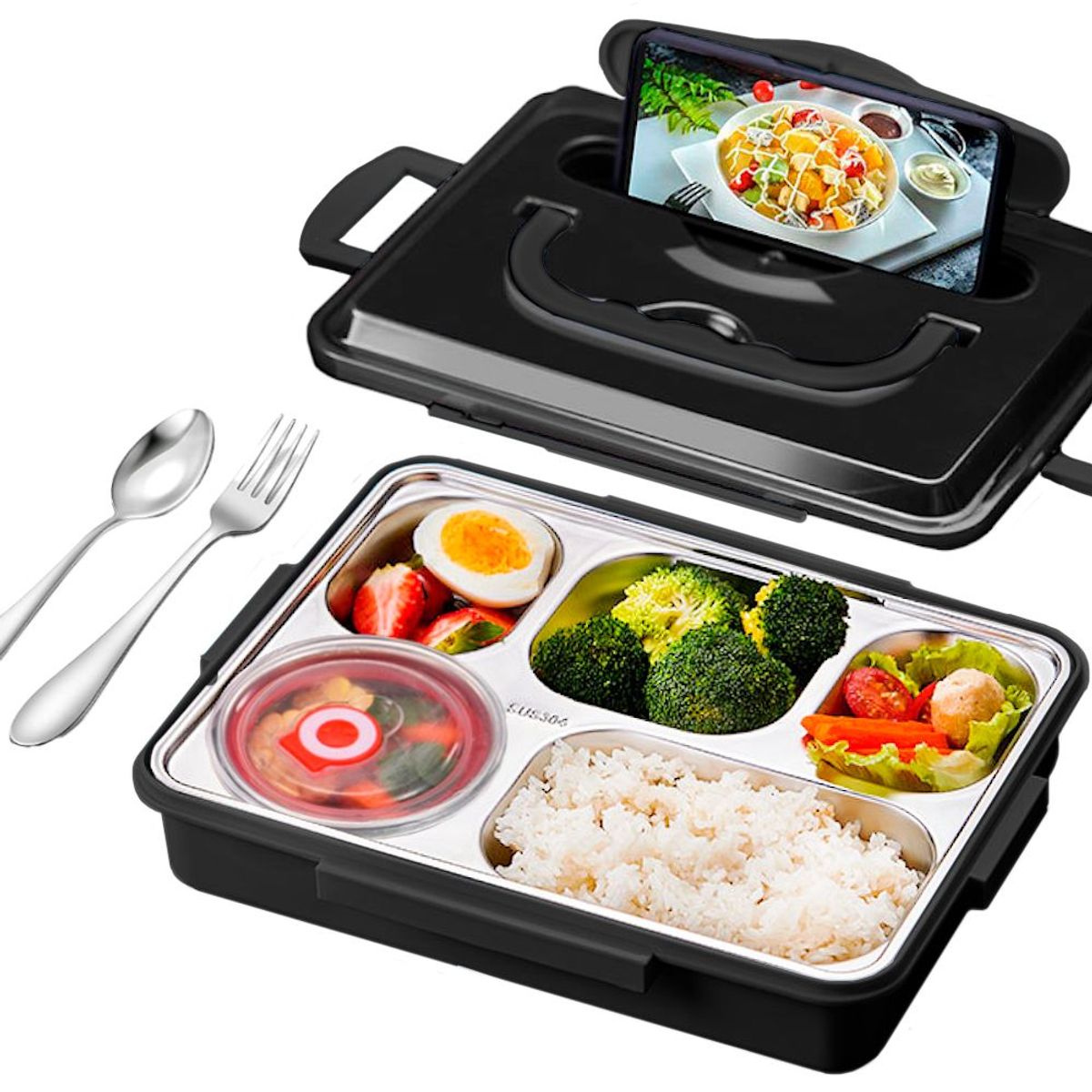 GENERICO - Lonchera Táper de Comida y Alimentos 5 Divisiones con Asa+Cubiertos NG