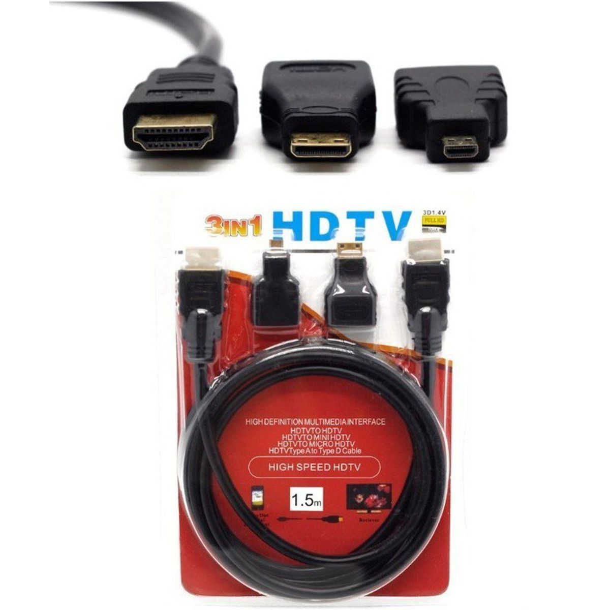 GENERICO - Cable Hdmi 3 En 1 Con Adaptador Mini Y Micro Hdmi 1.5 Metros