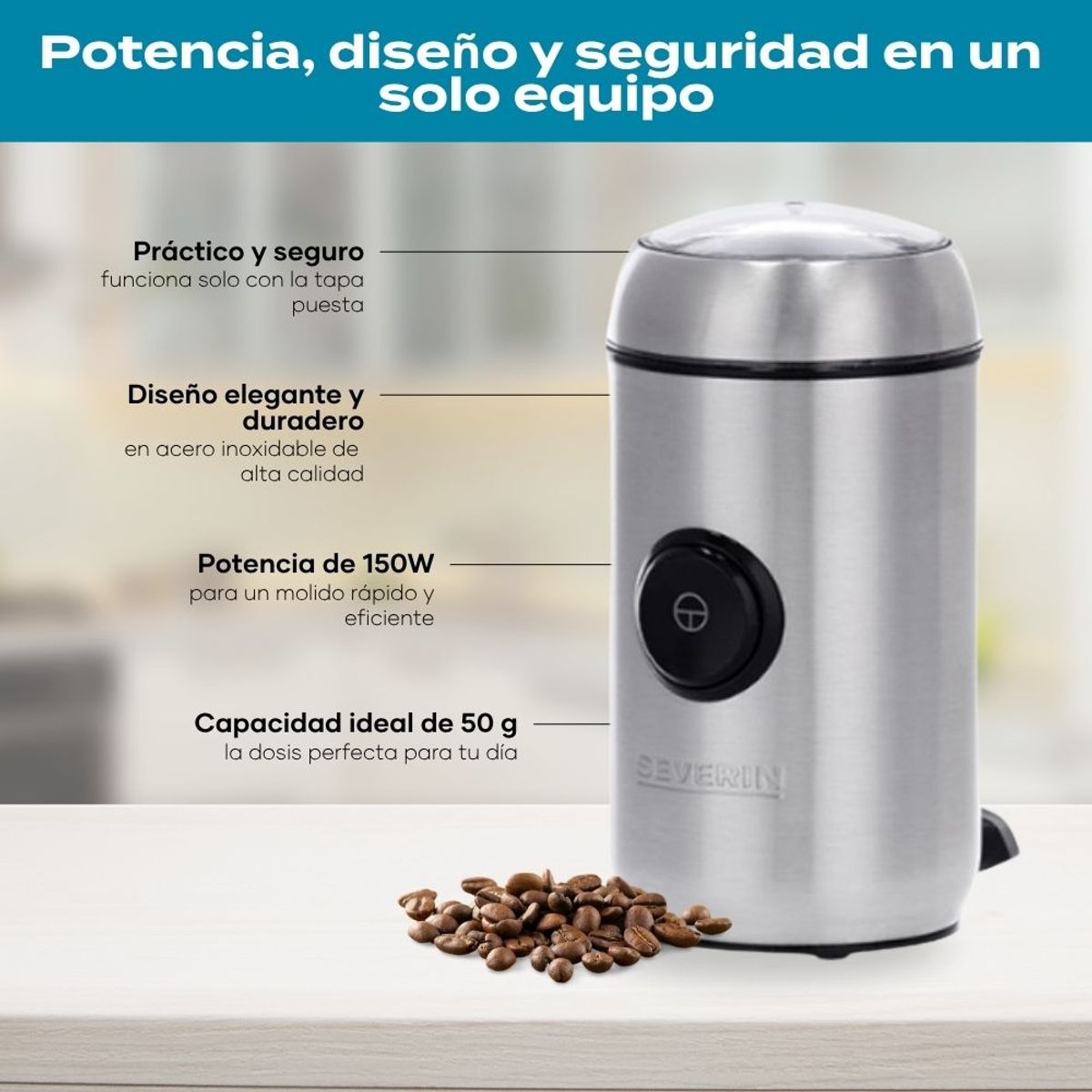 SEVERIN - Molinillo de Café y Epecias de Acero Inoxidable - KM 3879