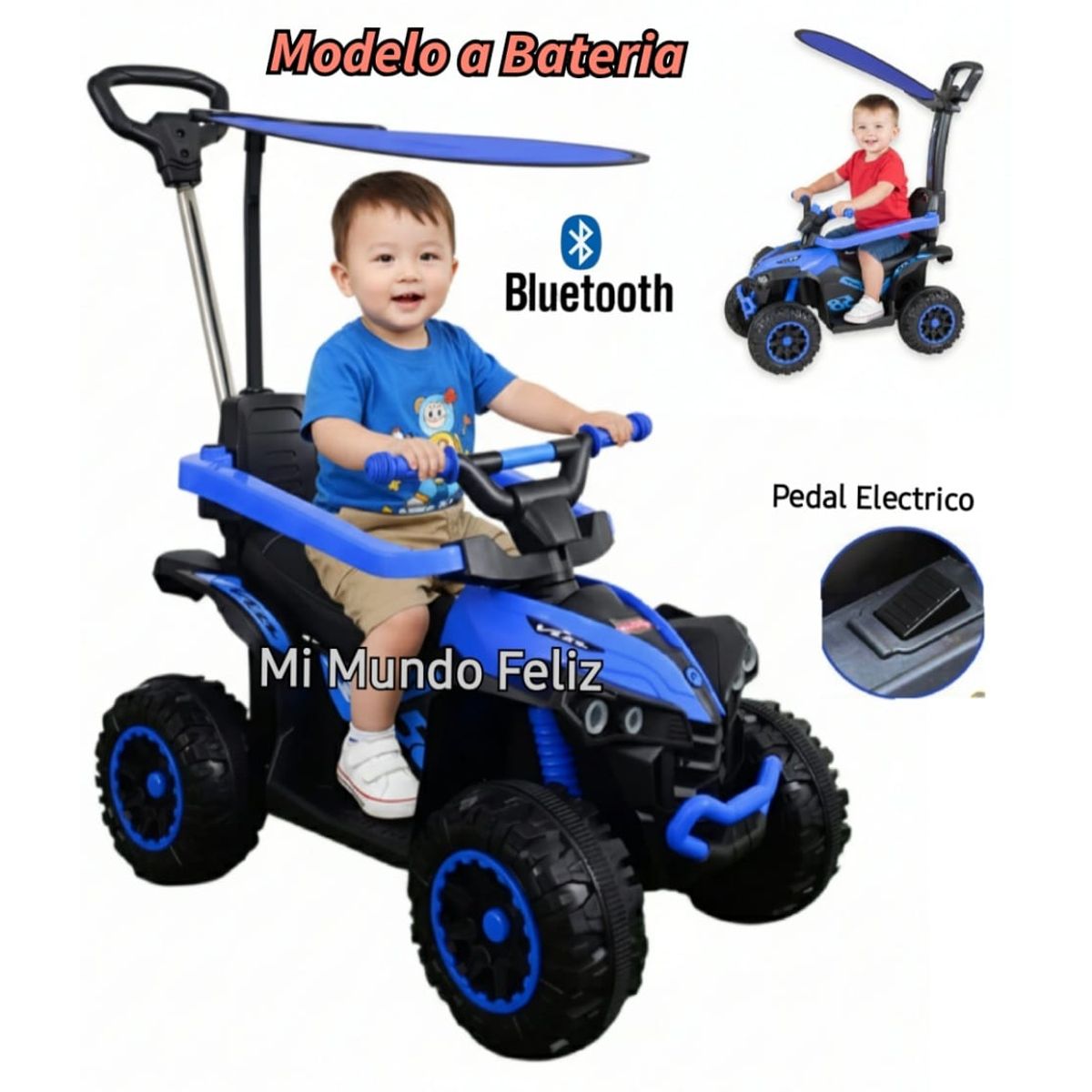 EBABY - Carrito para Niños Cuatrimoto Musical Push Electrico Blue