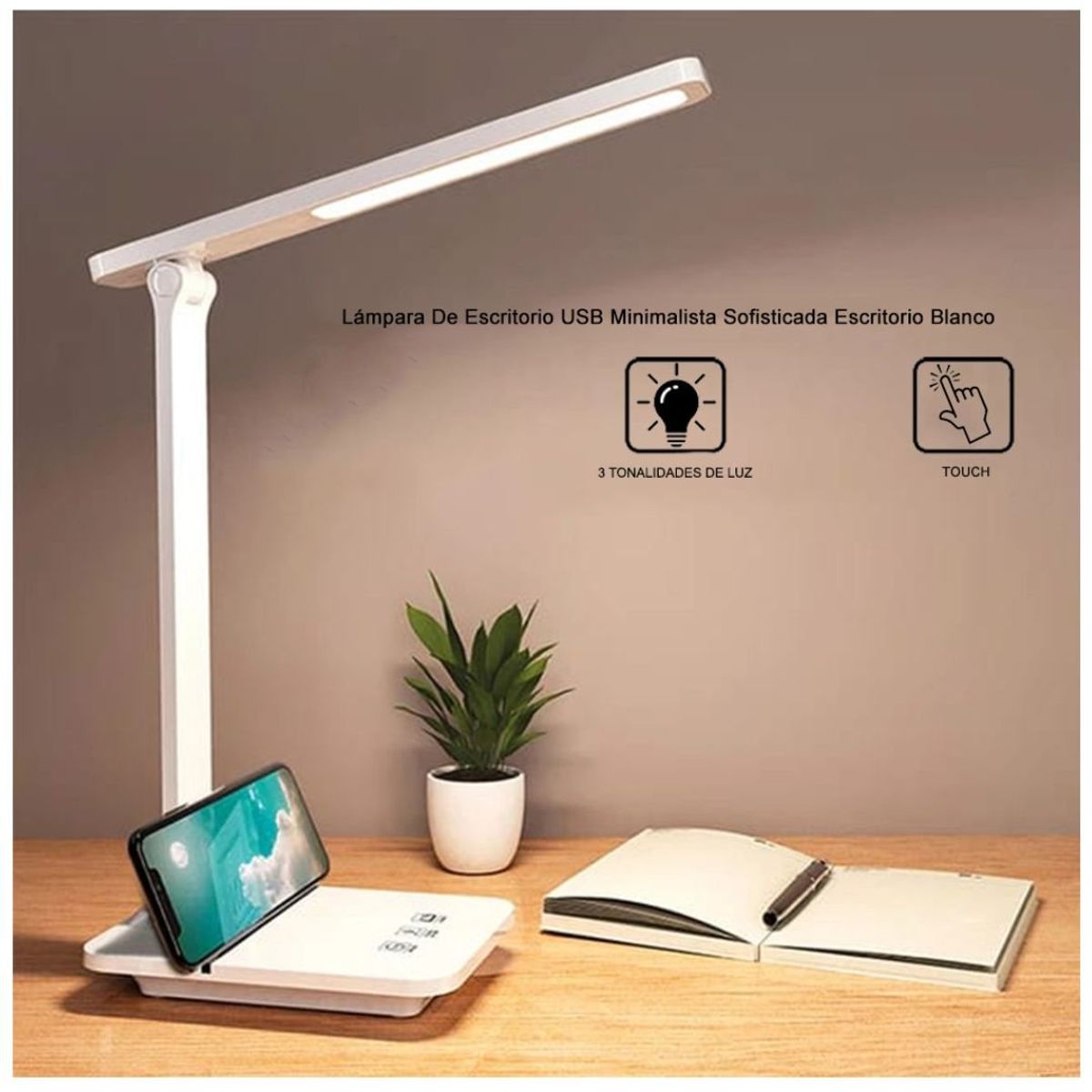 BUCKINGHAM - Lampara de Escritorio USB Touch Minimalista Escritorio Celular Blanco