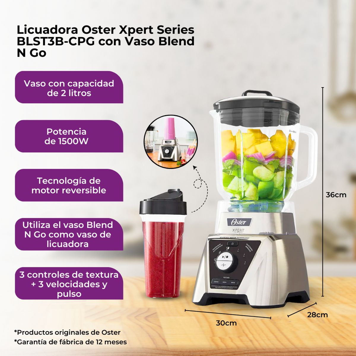 OSTER - Licuadora OSTER de 2 Litros y 3 Velocidades con Vaso Blend N Go Xpert BLST3B-CPG