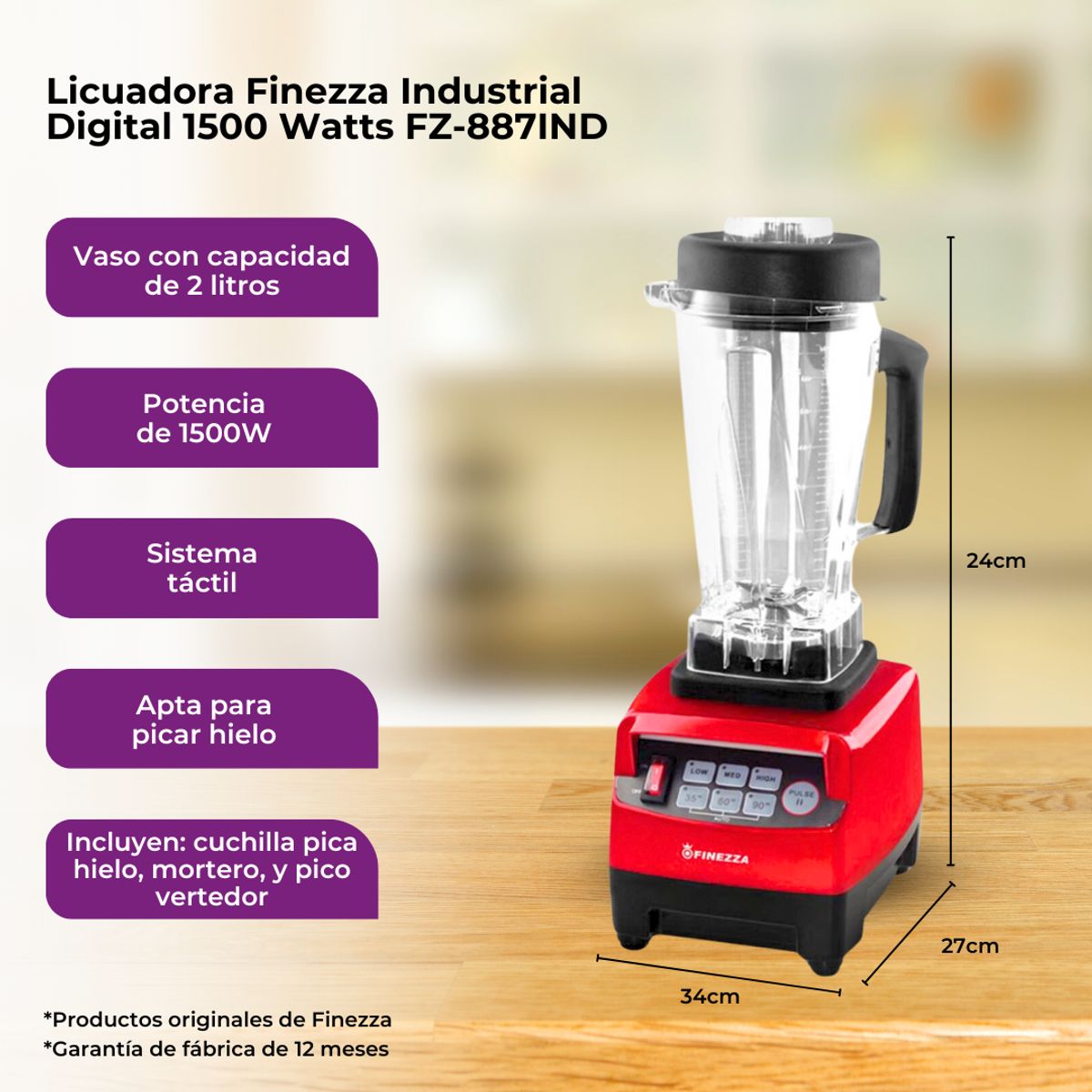 FINEZZA - Licuadora Industrial FINEZZA de 2 Litros Digital de 1500W Rojo FZ-887IND