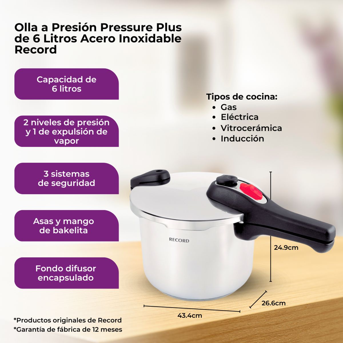 RECORD - Olla a Presión RECORD de 6 Litros Pressure de Acero Inoxidable