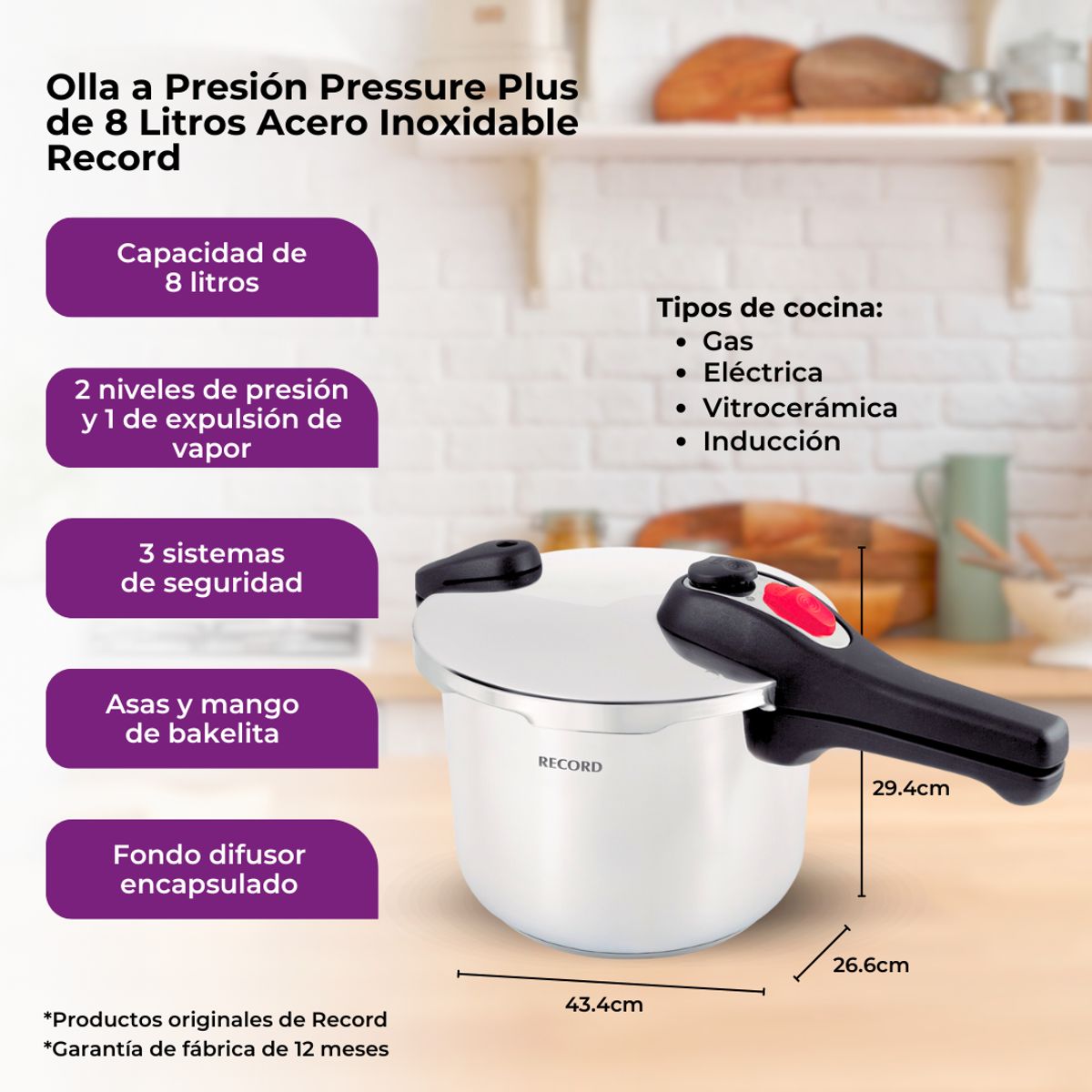 RECORD - Olla a Presión RECORD Pressure Plus de 8 litros Acero Inoxidable