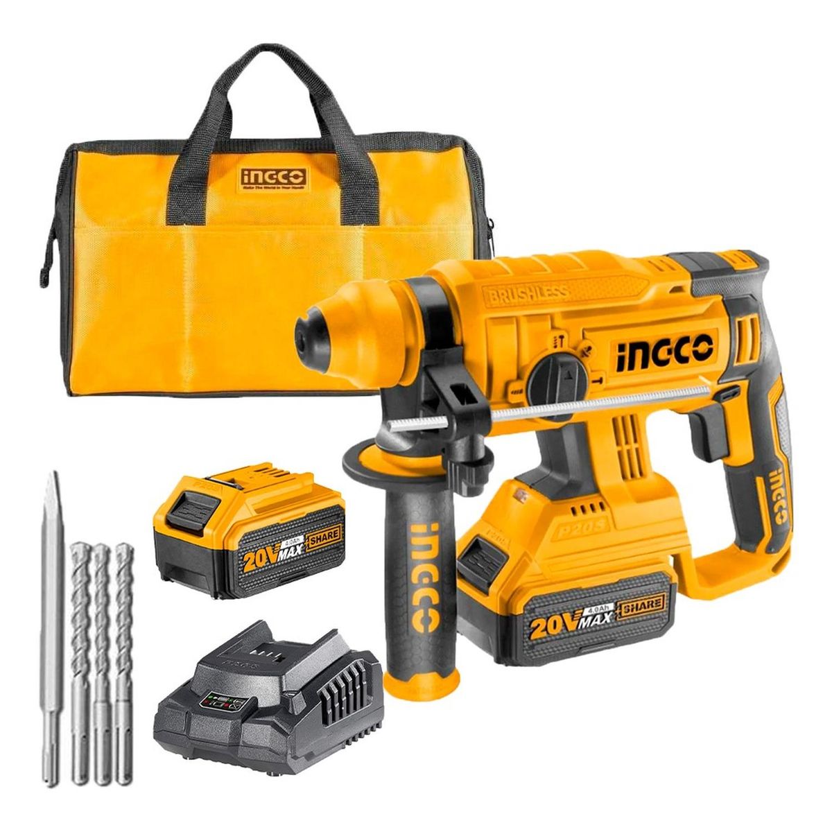 INGCO TOOLS - Rotomartillo INGCO 20V SDS Plus Brushless + Cinceles Bolso