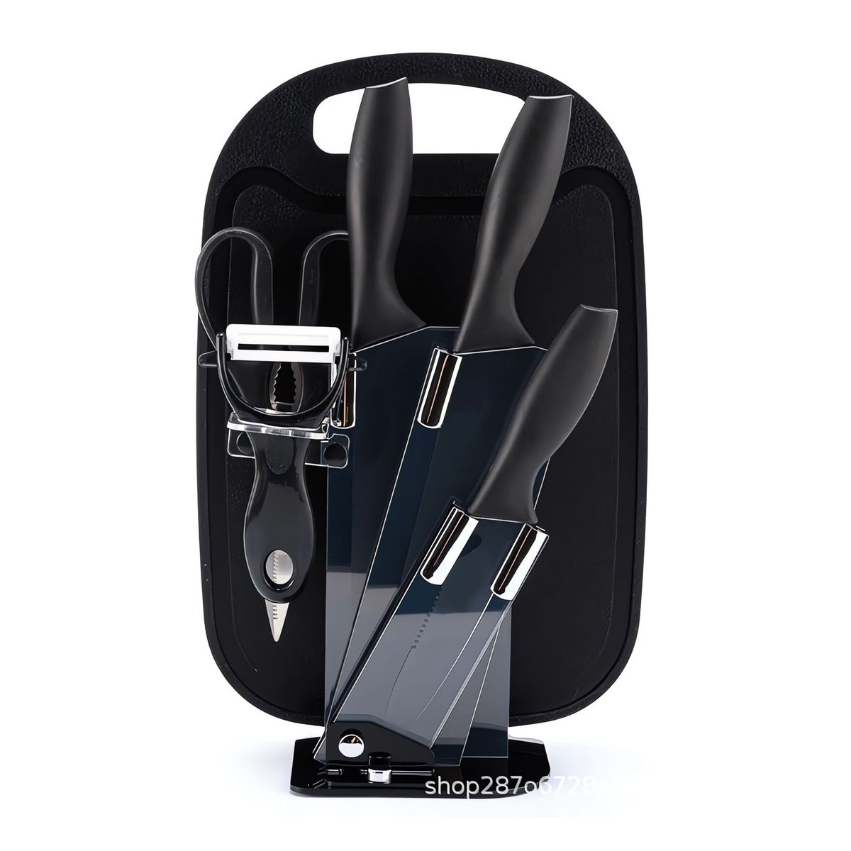 S/M - Set Cuchillos x 5 Piezas + Tabla de Picar y Porta Cuchillos - NEGRO