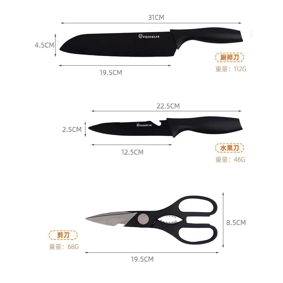 S/M - Set Cuchillos x 5 Piezas + Tabla de Picar y Porta Cuchillos - NEGRO