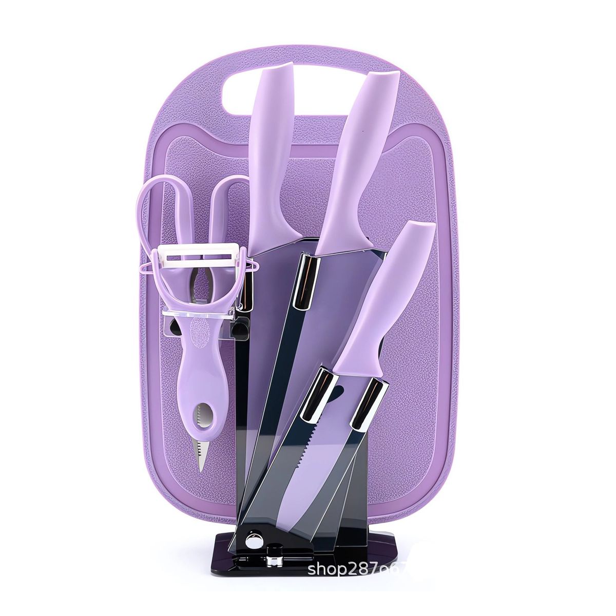 S/M - Set de Cuchillos x 5 Piezas + Tabla de Picar y Porta Cuchillos - LILA