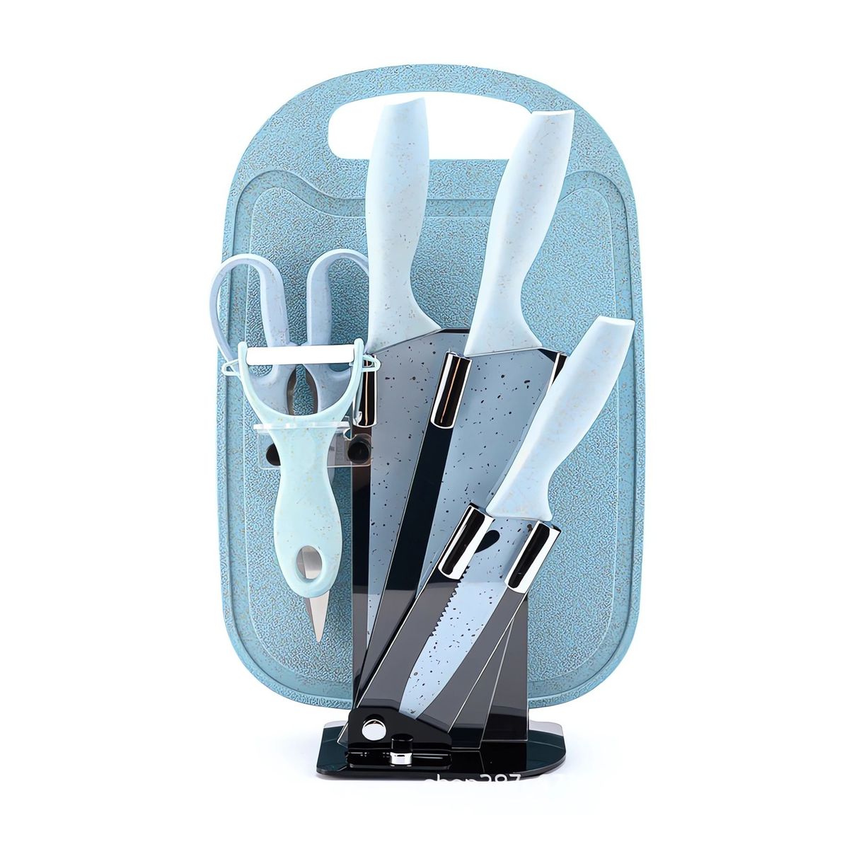 S/M - Set Cuchillos x 5 Piezas + Tabla de Picar y Porta Cuchillos - CELESTE