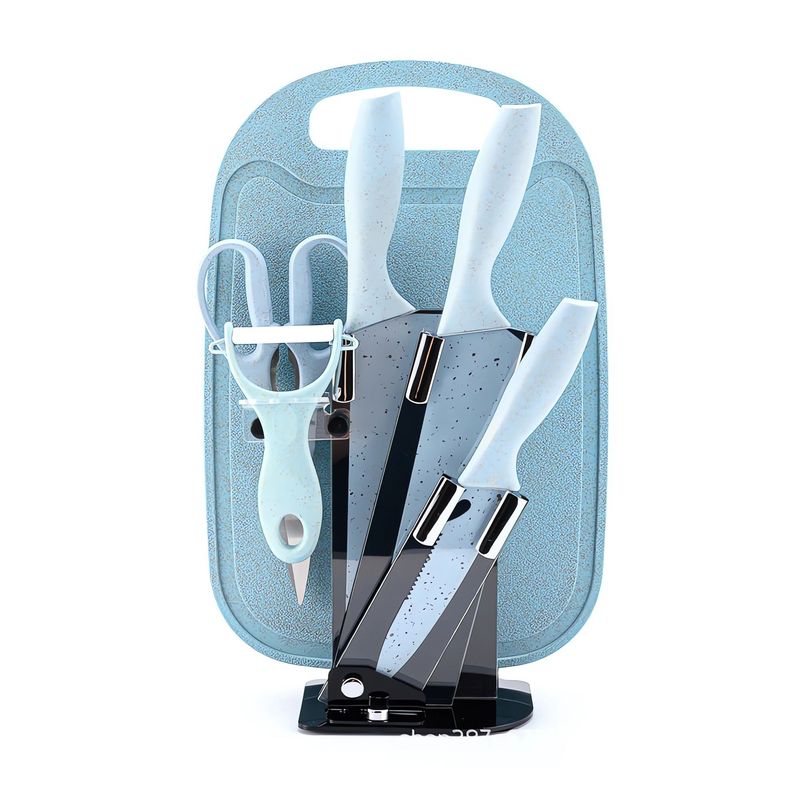 S/M - Set Cuchillos x 5 Piezas + Tabla de Picar y Porta Cuchillos - CELESTE