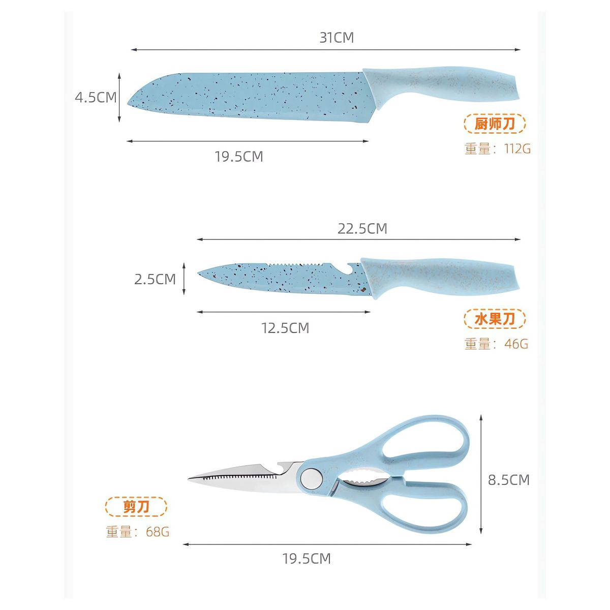 S/M - Set Cuchillos x 5 Piezas + Tabla de Picar y Porta Cuchillos - CELESTE