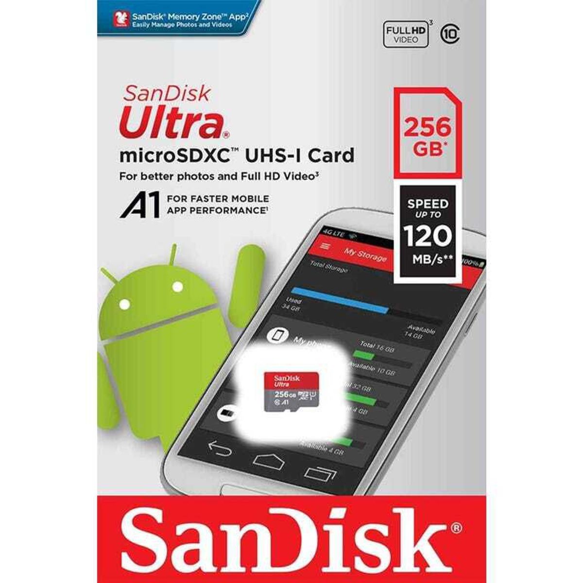 SANDISK - Memoria Sandisk Micro SD 256GB Clase 10 de 120mb/s