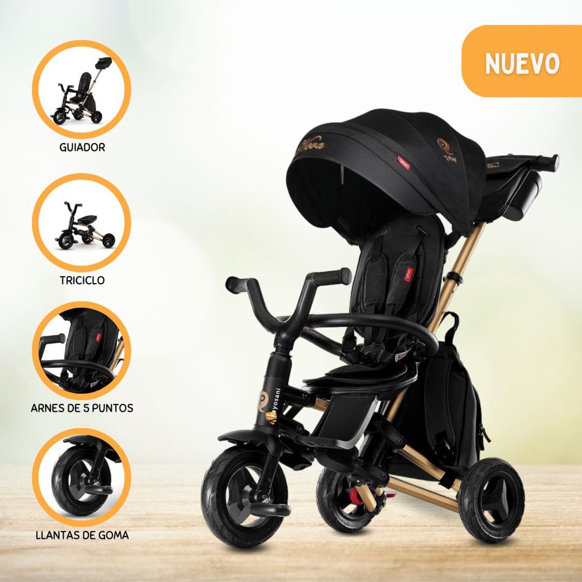 QPLAYGROUND - Triciclo Guiador Plegable para Niños  «NOVA» GOLDEN
