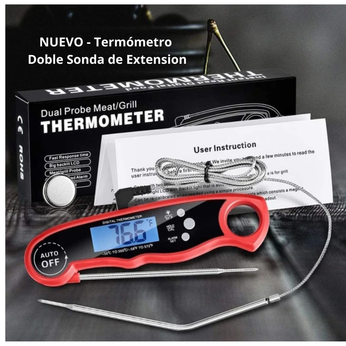 GENERICO - Termómetro de Cocina Digital Doble Sonda - Sonda de Extension Rojo