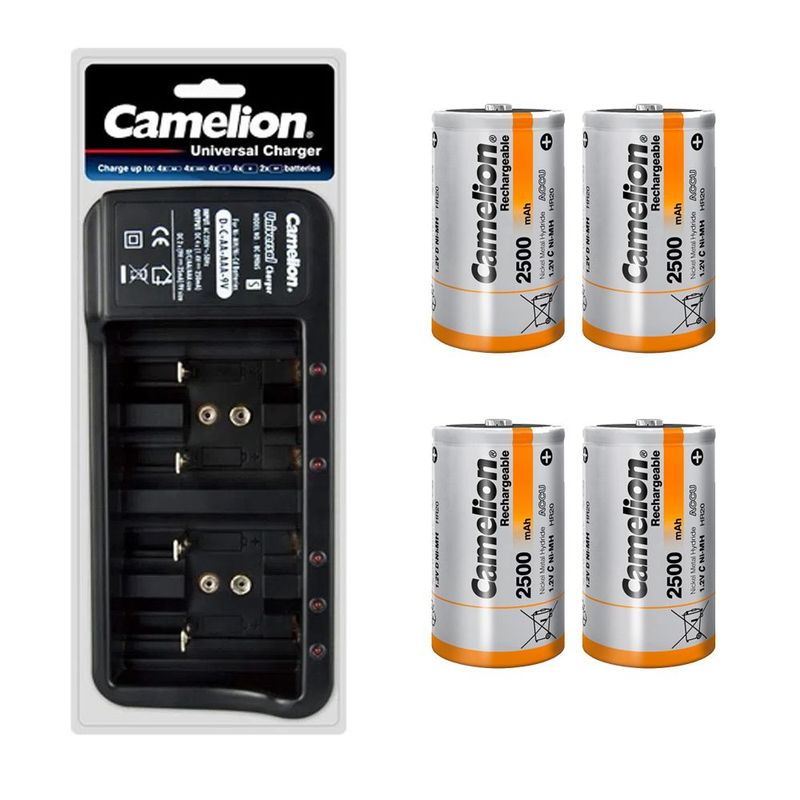 CAMELION - Cargador con 4 Pilas D Camelion Recargables De 2500mah