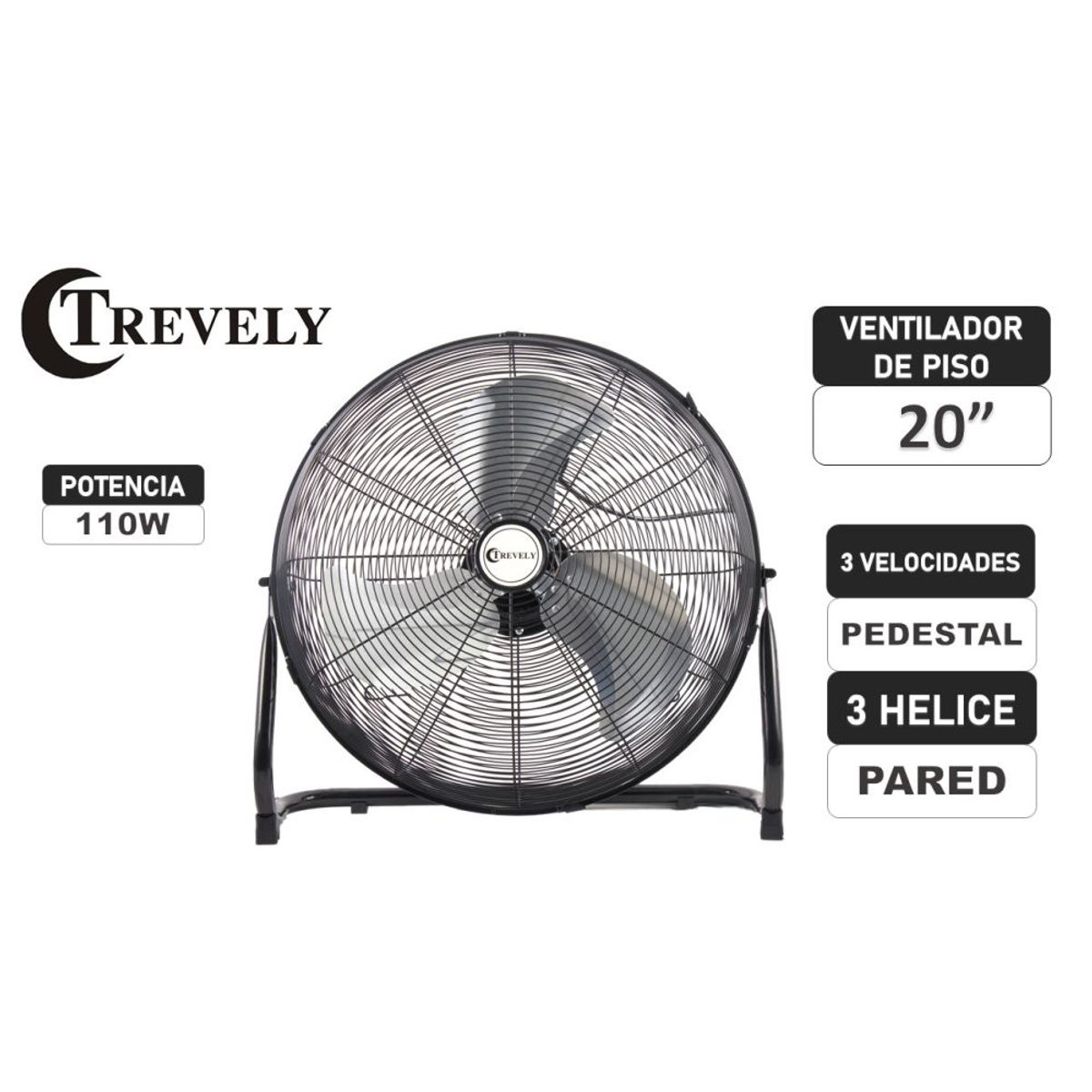 TREVELY - Ventilador 20" TREVELY VT-20-A - 110 Watts  - Negro - Piso & Pared