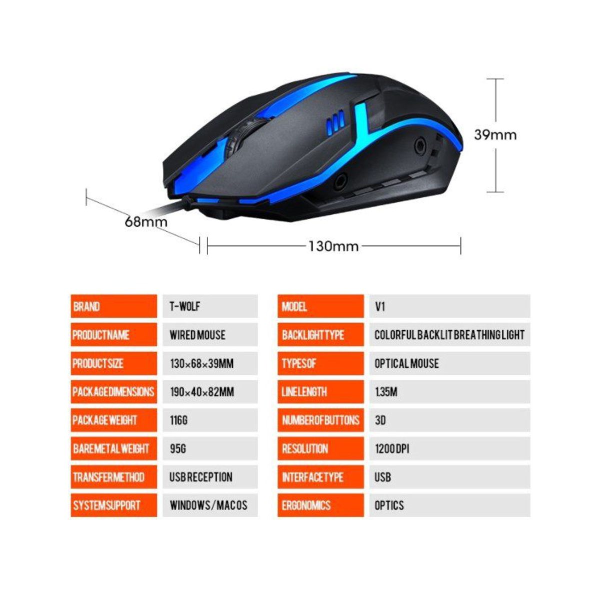 TWOLF - Mouse optico gamer v1 - t-wolf - rgb negro multi luces
