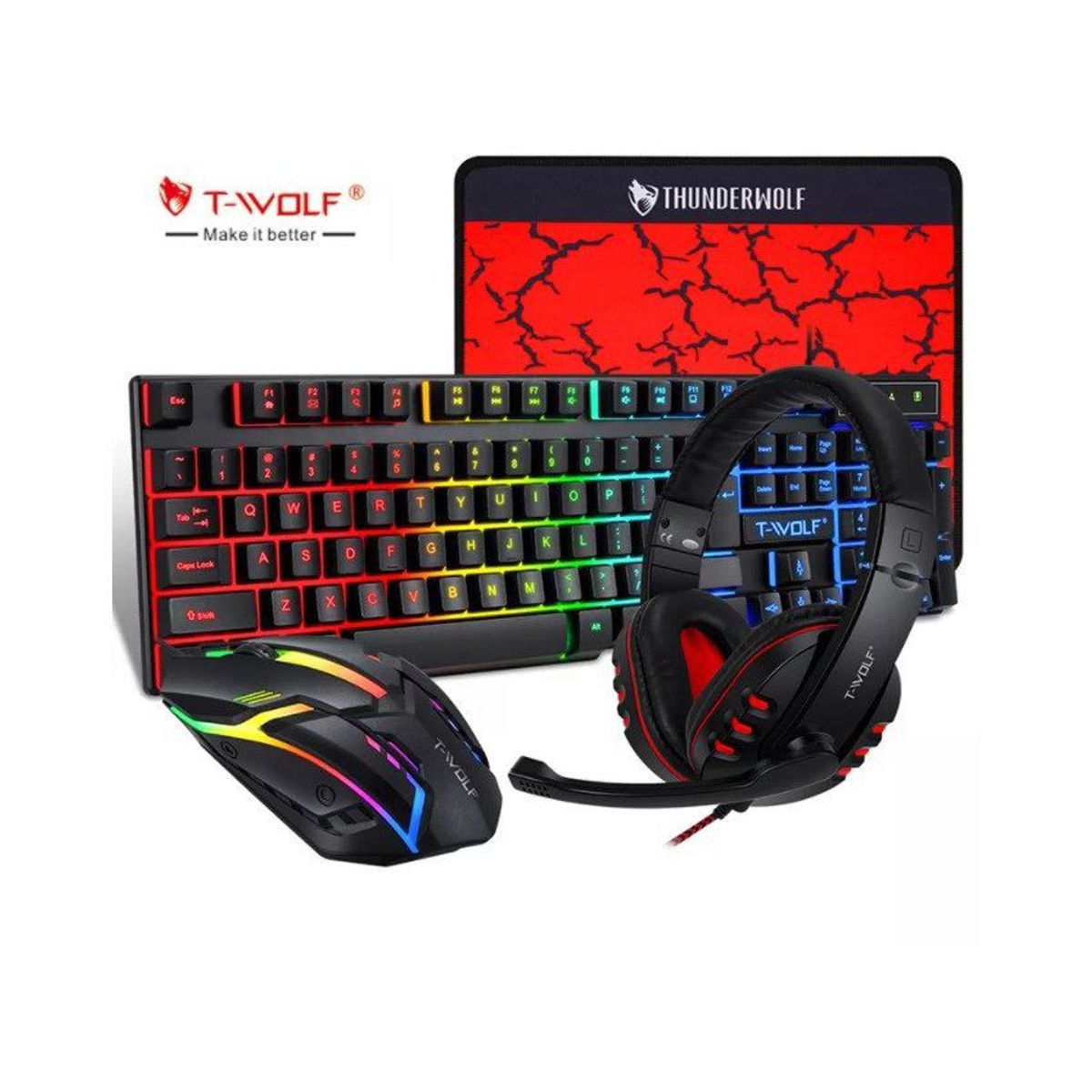 TWOLF - Combo gamer rgb 4en1 tecladomousemousepadaudífono twolf-tf800