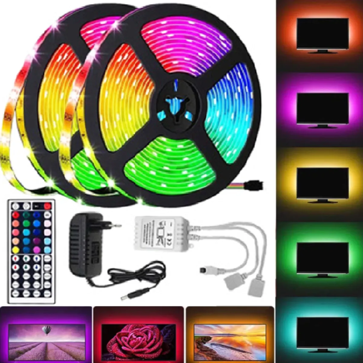 CLN TECH - Cinta led rgb 5050 x 5m + control remoto + fuente  kit completo