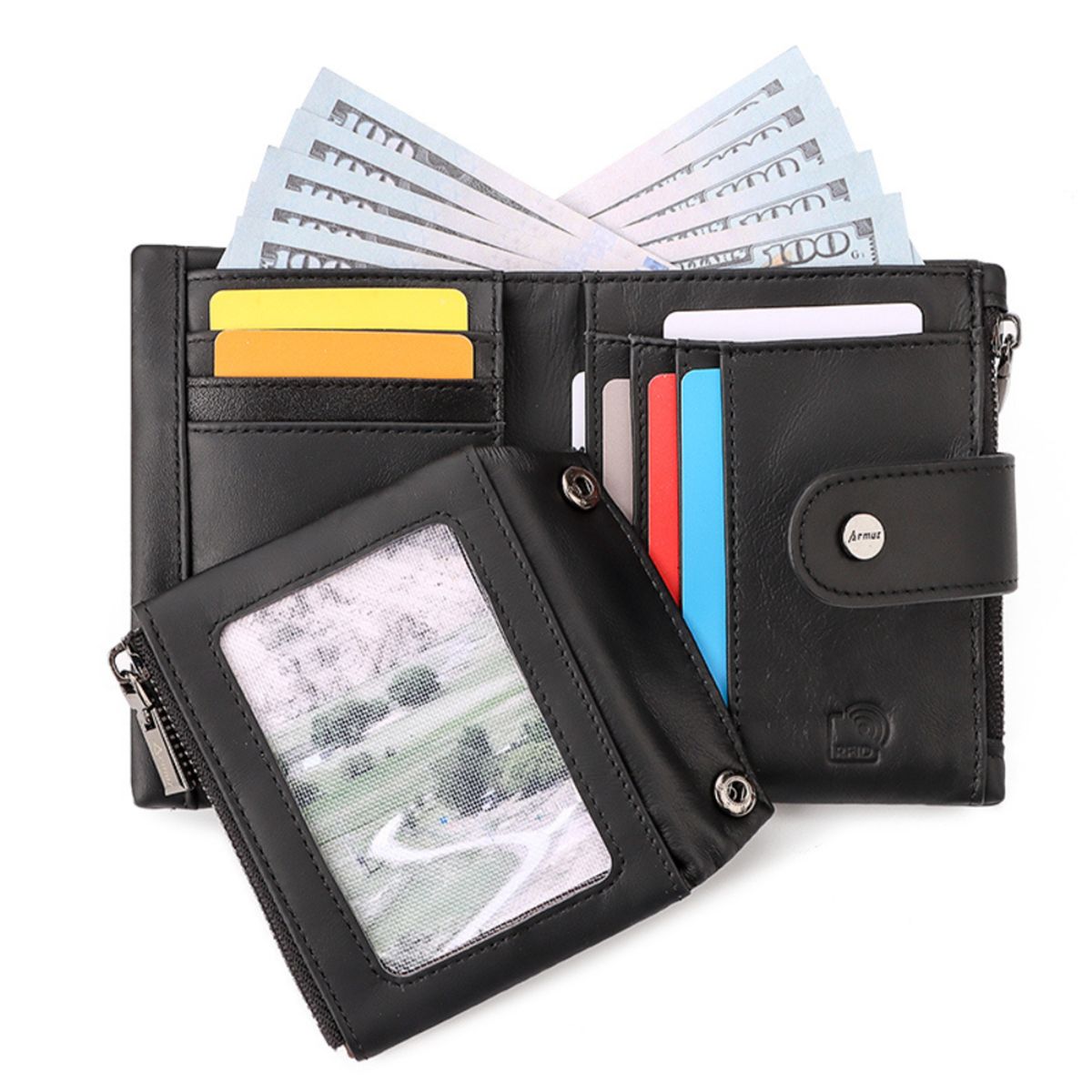 ARMUZ - Billetera de Cuero Vacuno NOVI AR03 con RFID y Cadena