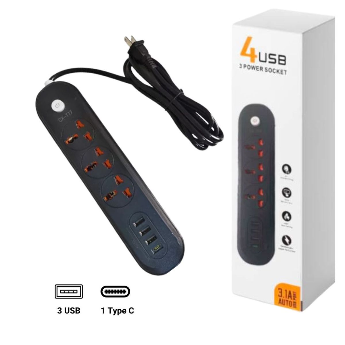 SEISA - Extensión Toma Corriente 3 Cargador Puerto Usb + 1 Type C