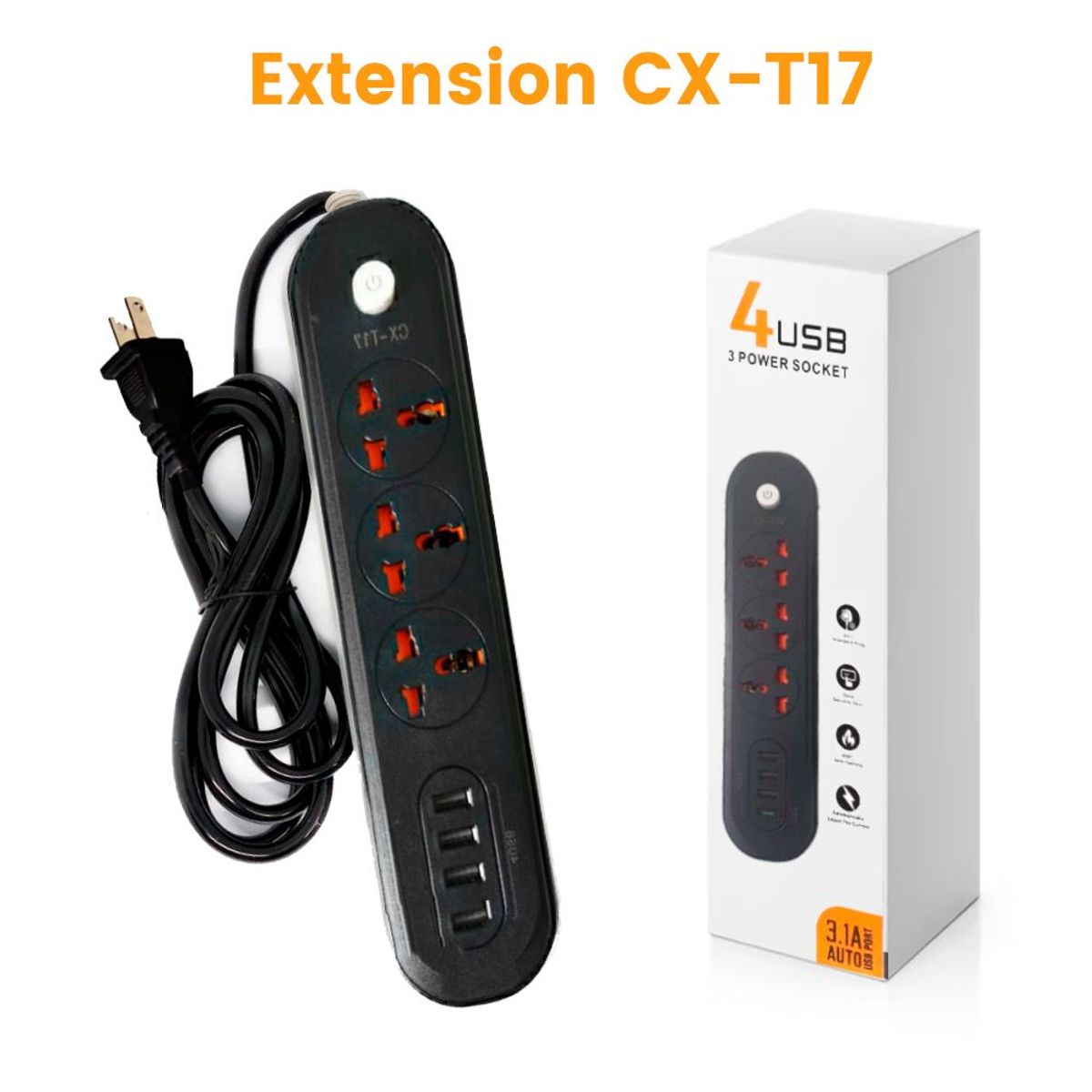 SEISA - Extensión Toma Corriente 3 Cargador Puerto Usb + 1 Type C