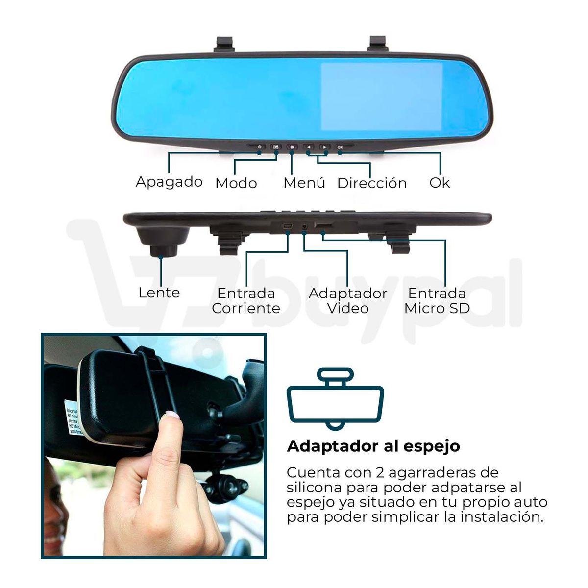 BUYPAL - Camara Auto Dual Delantera Trasera Espejo Retrovisor