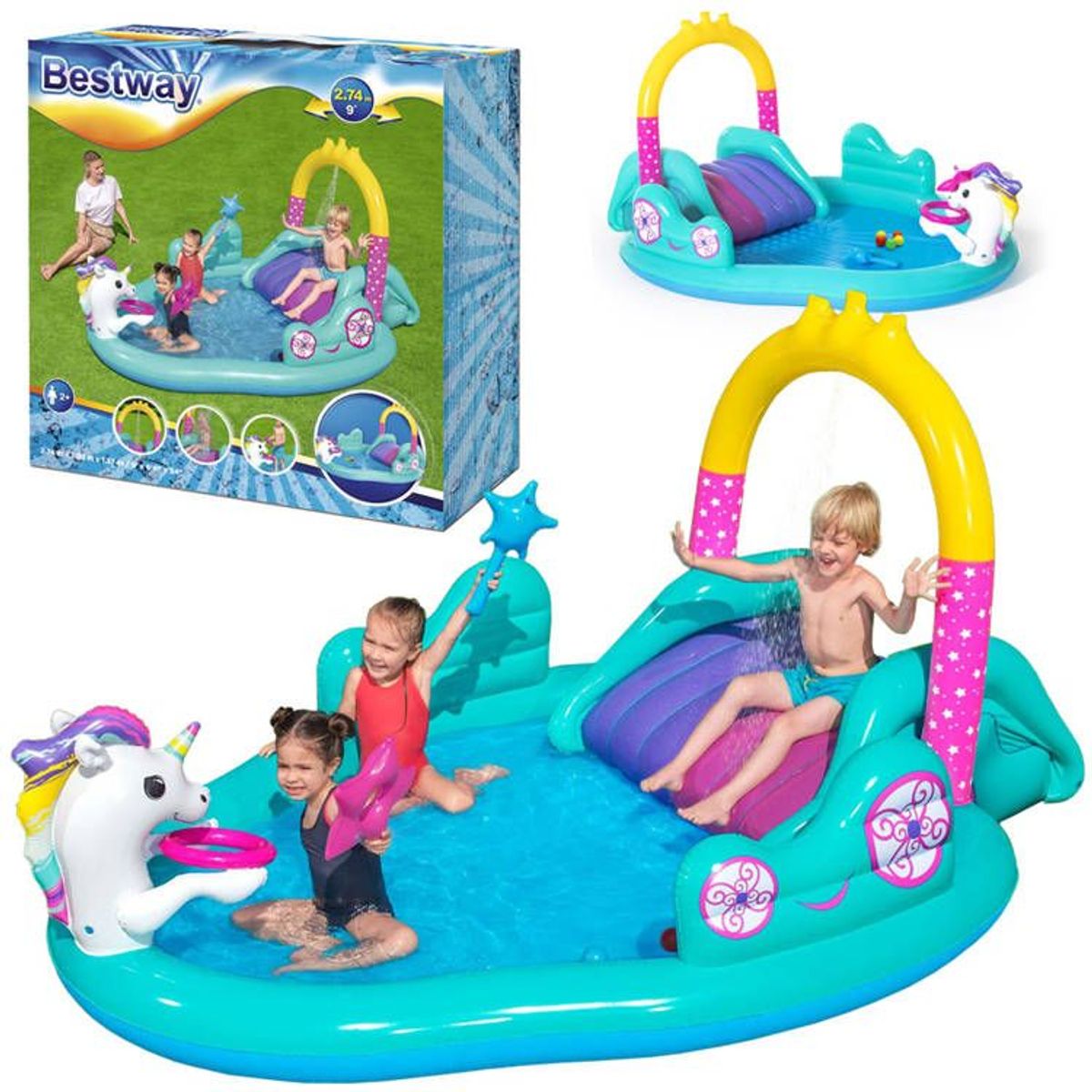 BESTWAY - Piscina Para Niños Incluye Tobogan Inflable Capacidad 220 L