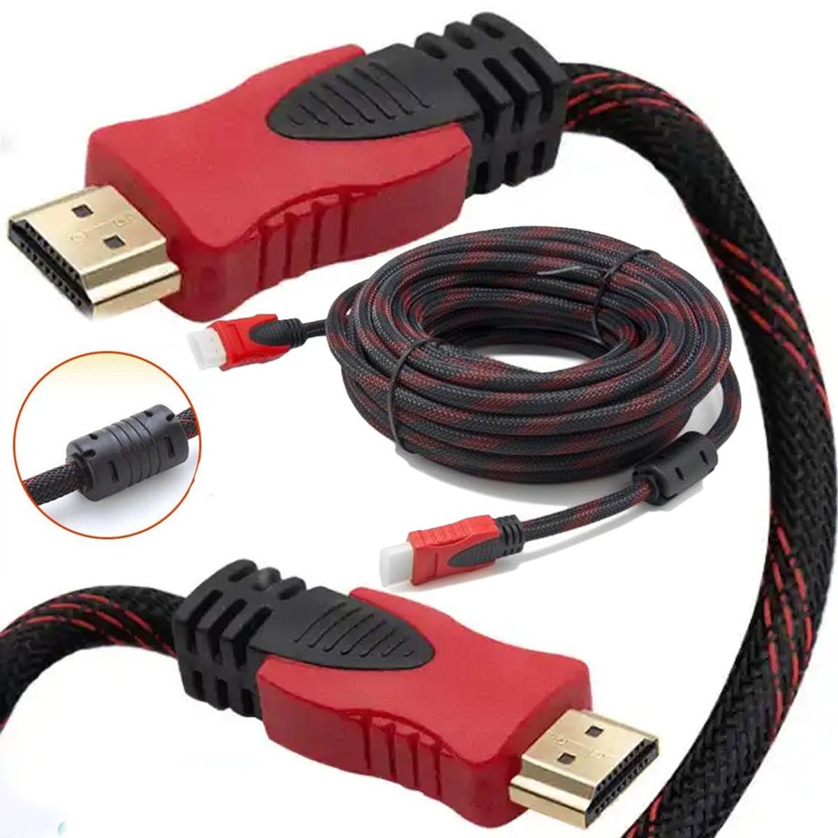 GENERICO - Cable HDMI Con Filtro 1.5 Metros HD 3D V1.4 Enmallado Negro Con Rojo