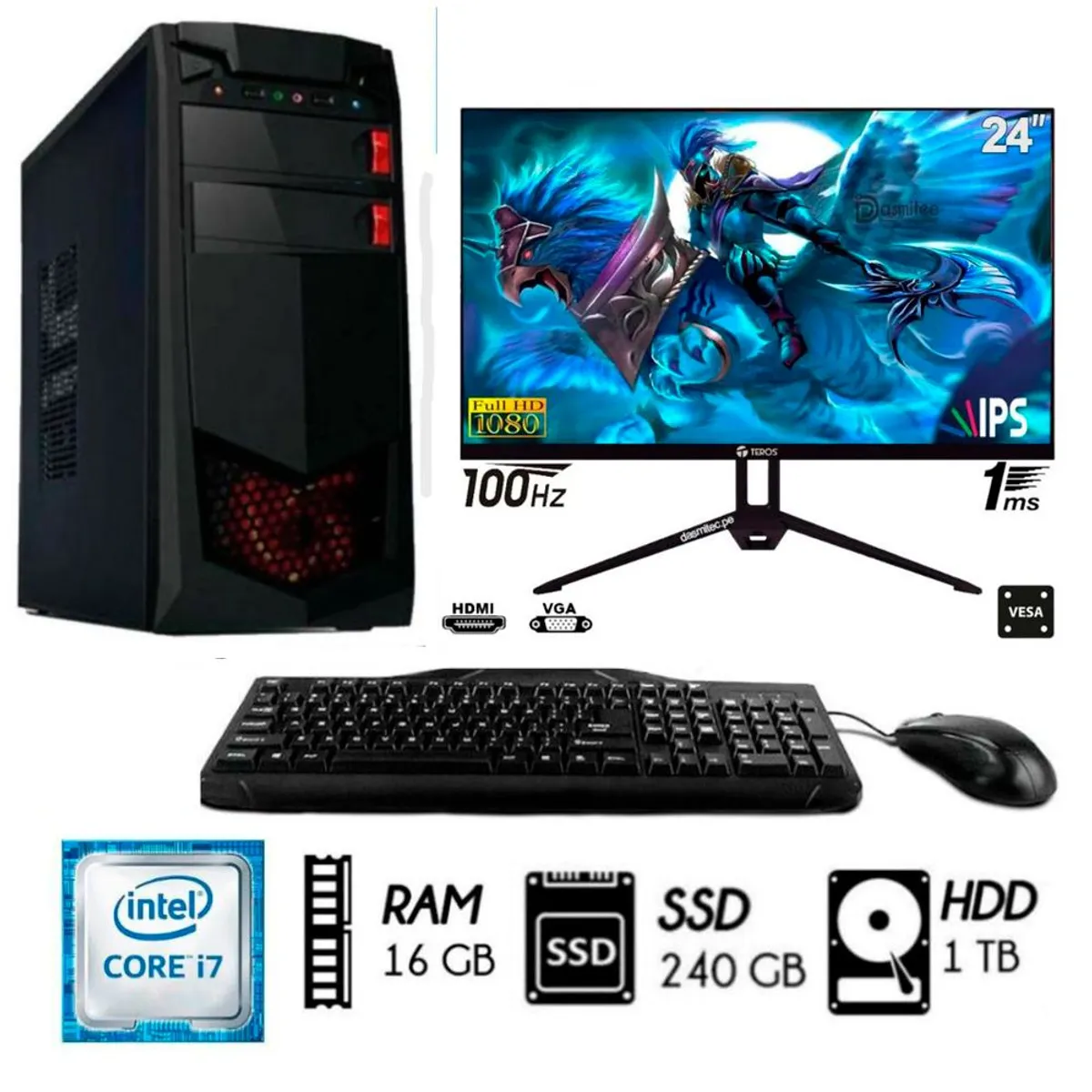 INTEL - Computadora Pc Intel Core I7 3.2Ghz Ram 16Gb Disco 1Tb+ SSD 240GB MONITOR 24
