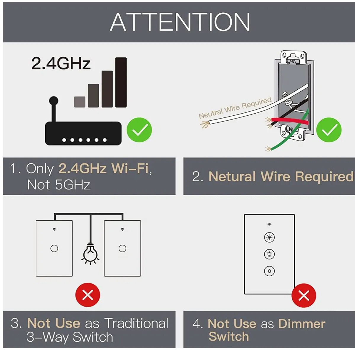 GENERICO - MOES Interruptor inteligente táctil de pared WiFi de 2.4 GHz