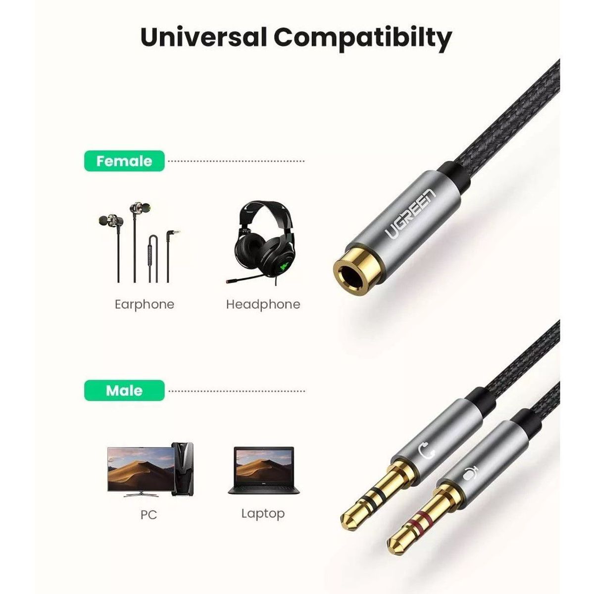 UGREEN - Ugreen Cable Splitter 3.5mm Audio Stereo Hembra a 2 Macho AV140 20899