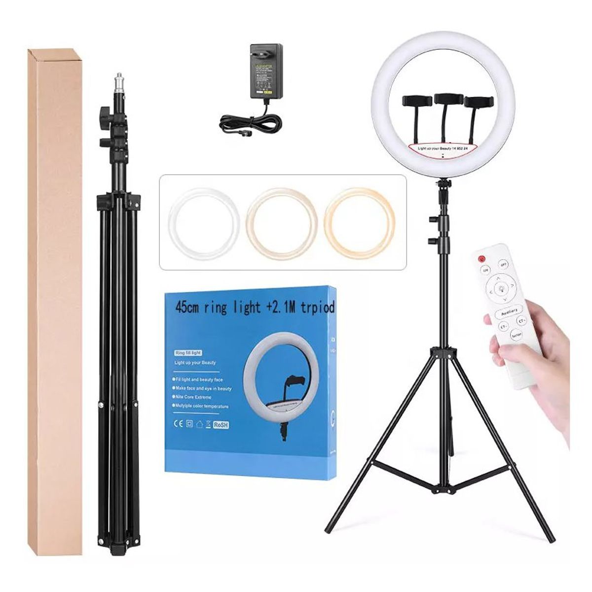 GENERICO - Aro Luz Led Touch 45 cm + Trípode + Control remoto para 3 celulares