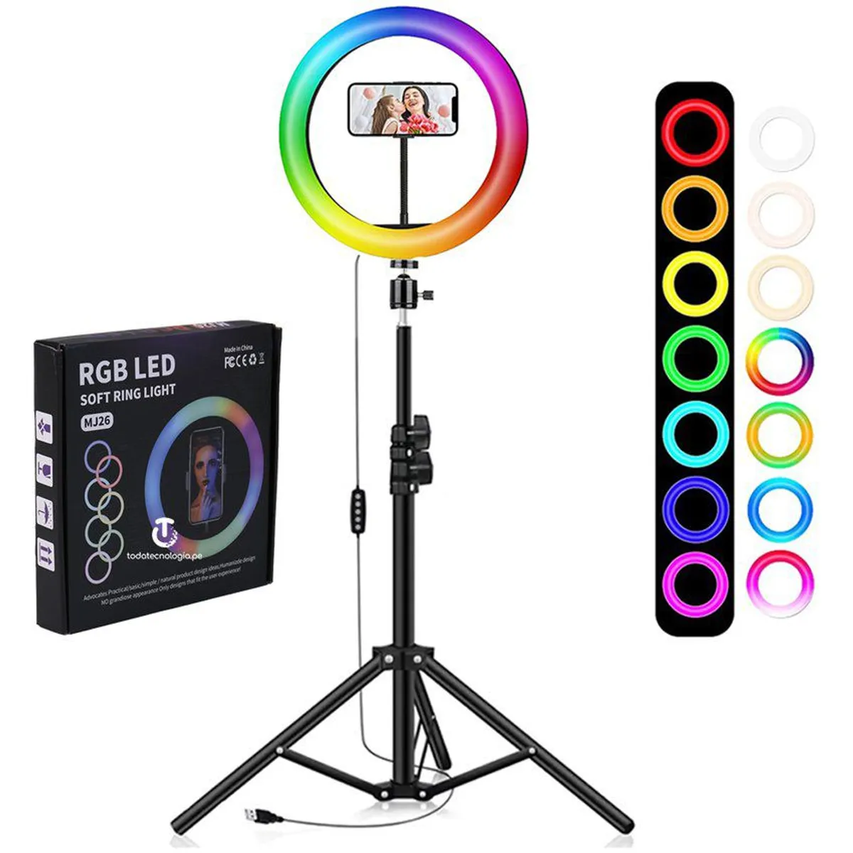 SEISA - Aro luz led 26 cm rgb colores + trípode 2.10 metros kit
