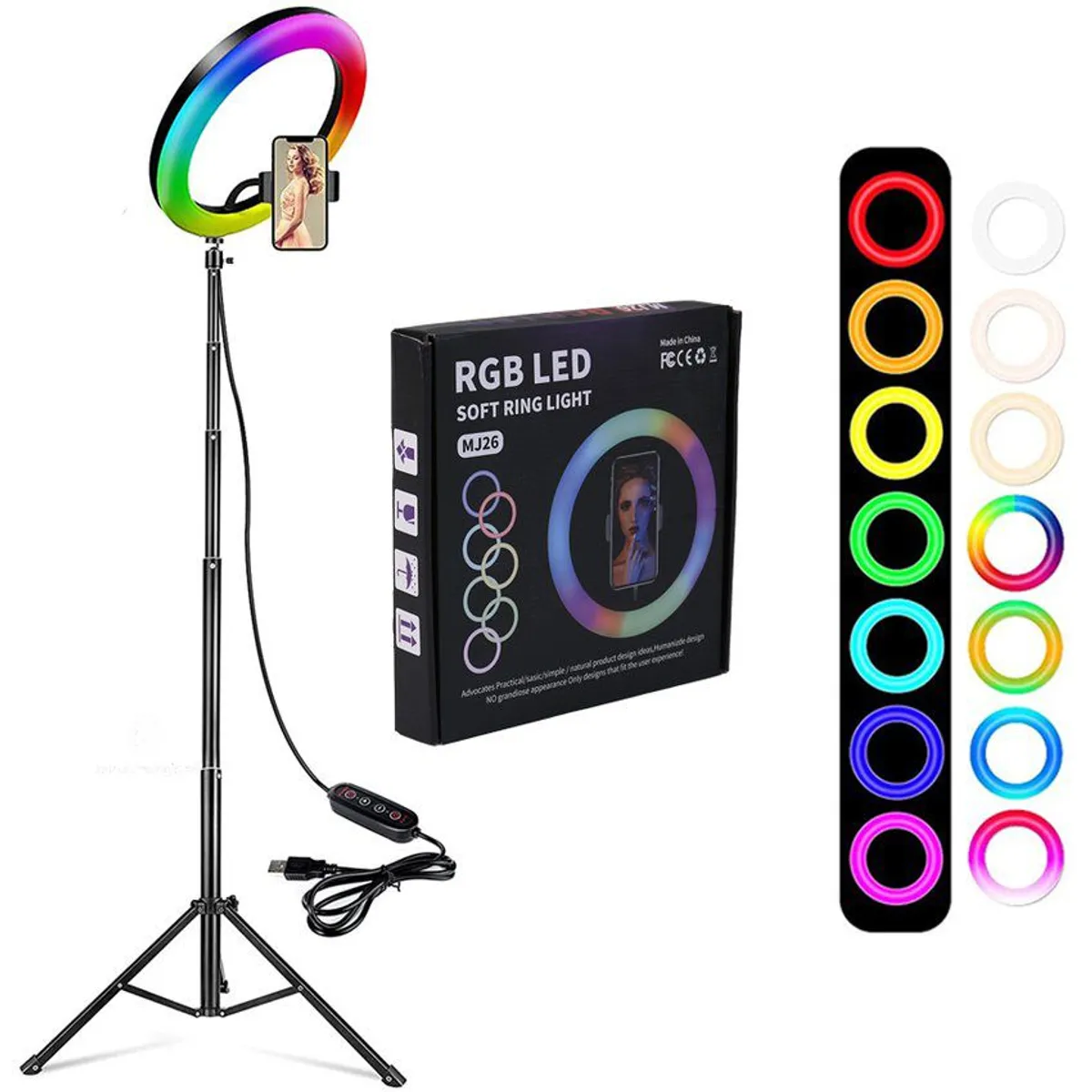 SEISA - Aro luz led 26 cm rgb colores + trípode 2.10 metros kit