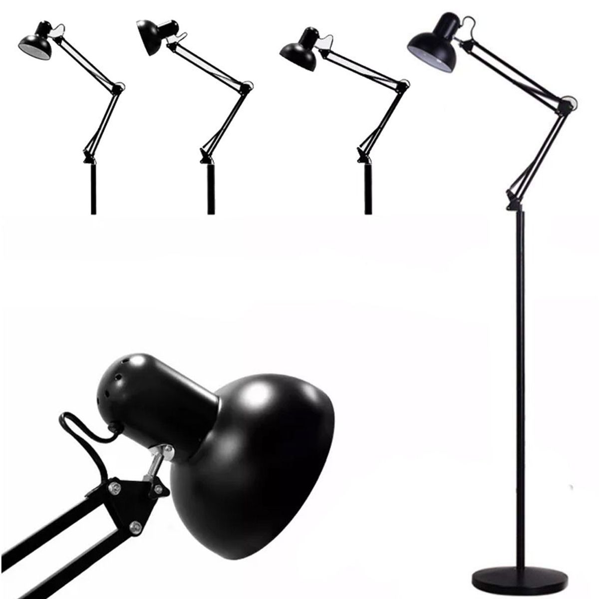 SEISA - Lampara de piso 1.80 metros con brazo flexible graduable negra