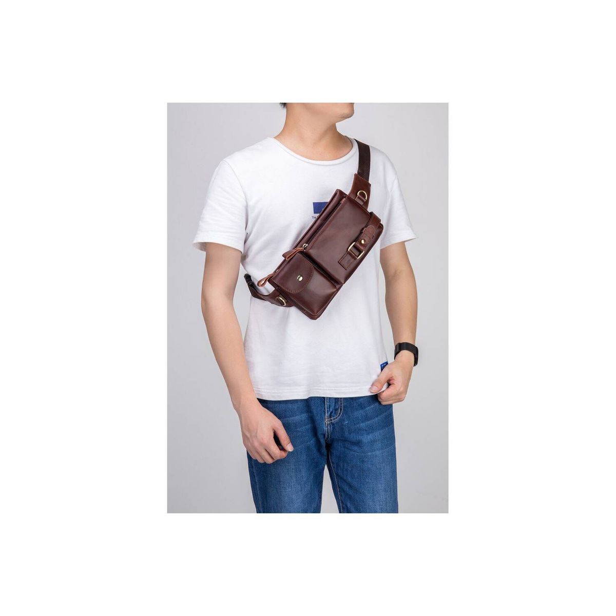 BULLCAPTAIN - BullCaptain - Cangurera de Cuero Mate YB-020-BR Marrón