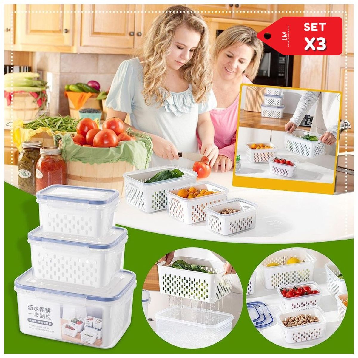 INSPIRA MARKET - Táper Escurridor para Frutas y Verduras Refrigerar Almacenar Set x 3