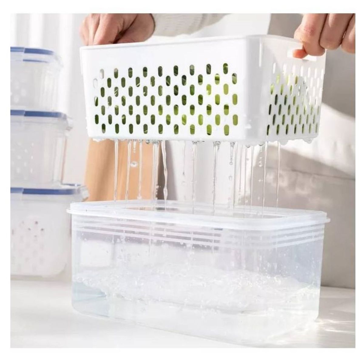 INSPIRA MARKET - Táper Escurridor para Frutas y Verduras Refrigerar Almacenar Set x 3