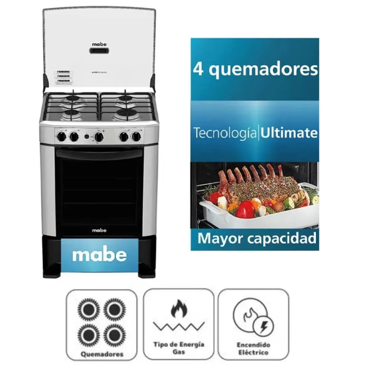 MABE - Cocina Mabe a Gas 4 Hornillas Inoxidable CMP6014AG0
